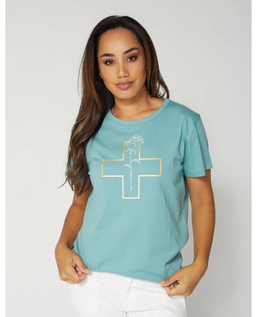 Teal with White Rose Gold Cross Tee