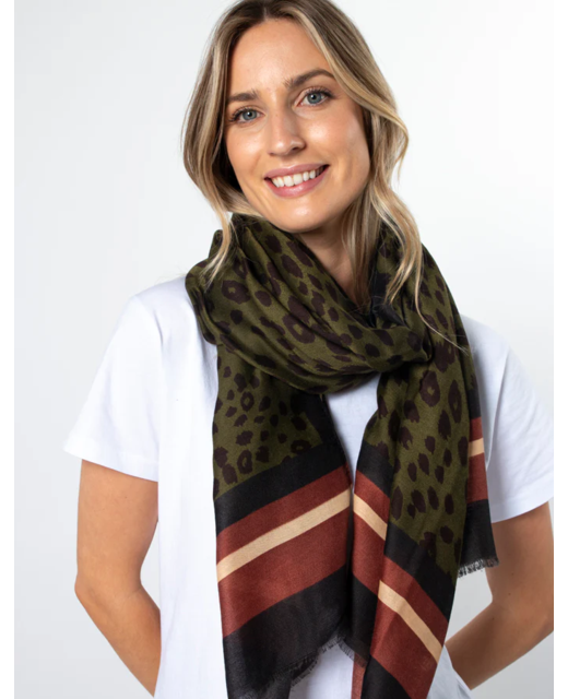 Stella + Gemma Khaki Leopard Red Brick Stripe Scarf