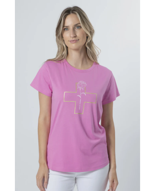 Stella + Gemma Bubblegum with White Rose & Gold Cross T-Shirt